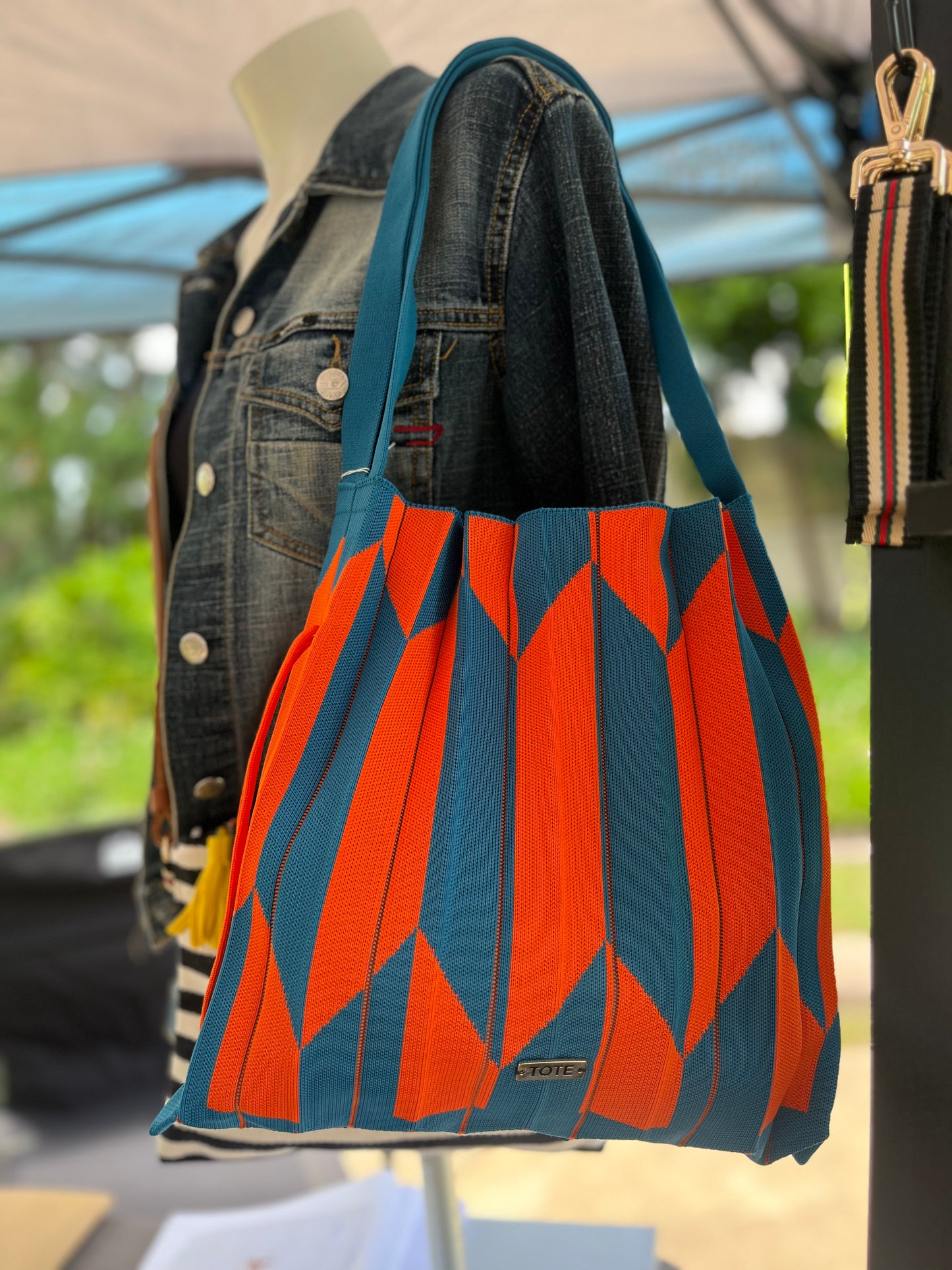 Tote Pleated Shoulder Bag - Orange & teal